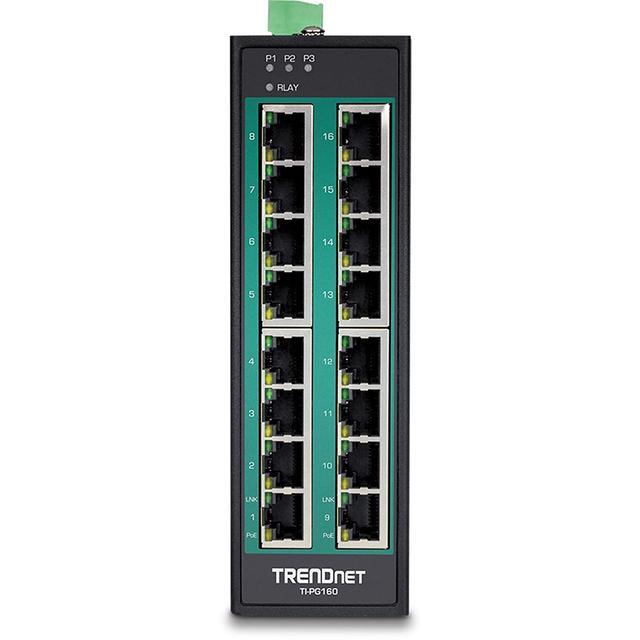 TRENDnet 16-Port Hardened Industrial Unmanaged Gigabit 10/100/1000Mbps DIN-Rail Switch W/ 16 Gigabit PoE+ Ports Lifetime Protection TI-PG160
