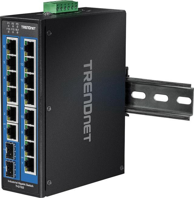 TRENDnet 16-Port Hardened Industrial Unmanaged Gigabit DIN-Rail Switch TI-G162 14 X Gigabit Ports 2 X Gigabit SFP Slots 32Gbps Switching Capacity IP30 Ethernet Network Switch