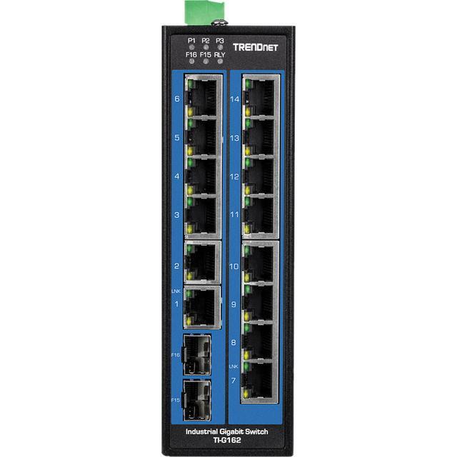TRENDnet 16-Port Hardened Industrial Unmanaged Gigabit DIN-Rail Switch TI-G162 14 X Gigabit Ports 2 X Gigabit SFP Slots 32Gbps Switching Capacity IP30 Ethernet Network Switch