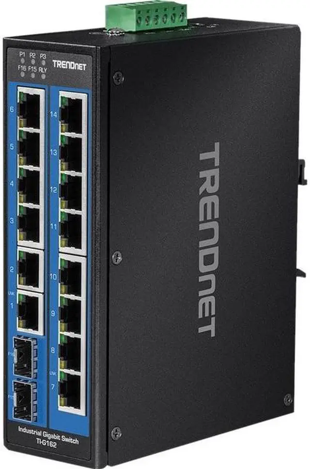 TRENDnet 16-Port Hardened Industrial Unmanaged Gigabit DIN-Rail Switch TI-G162 14 x Gigabit Ports 2 x Gigabit SFP Slots 32Gbps Switching Capacity IP30 Ethernet Network Switch
