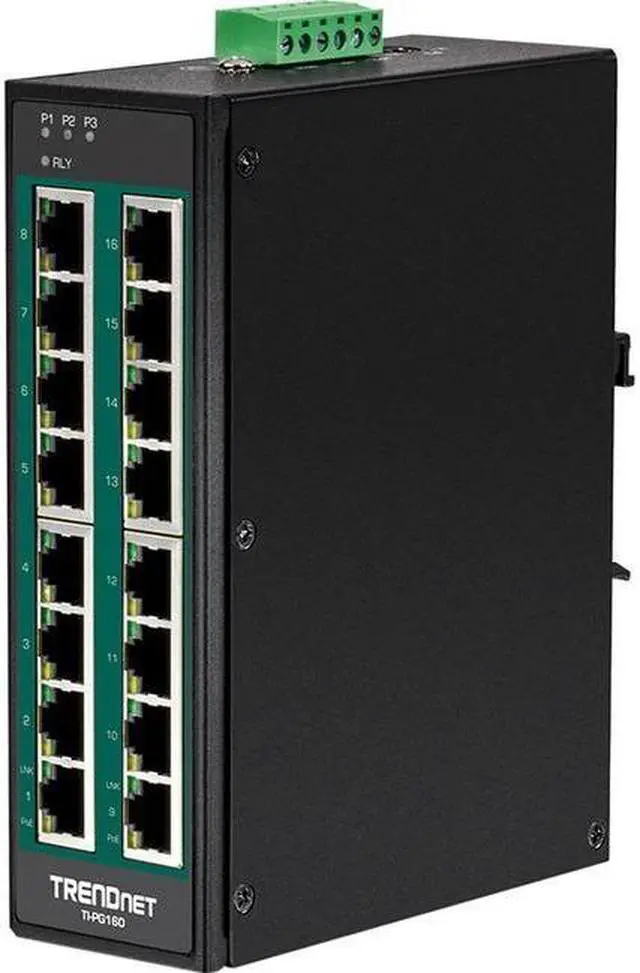TRENDnet 16-Port Hardened Industrial Unmanaged Gigabit 10/100/1000Mbps DIN-Rail Switch w/ 16 Gigabit PoE+ Ports Lifetime Protection TI-PG160