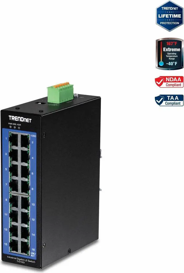 TRENDnet 16-Port Industrial Gigabit L2 Managed DIN-Rail Switch Layer 2 Switch 16 x Gigabit Ports 32Gbps Switching Capacity Extreme Temperature Gigabit Switch Black TI-G160i