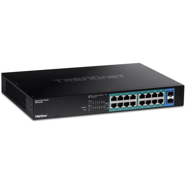 TRENDnet 18-Port Gigabit PoE+ Switch 16 X 30W PoE+ Ports 2 Gigabit SFP Slots 240W PoE Budget 36Gbps Switching Capacity 1U 19 Rack Mountable Lifetime Protection Black TPE-TG182