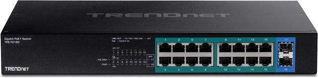 TRENDnet 18-Port Gigabit PoE+ Switch 16 X 30W PoE+ Ports 2 Gigabit SFP Slots 240W PoE Budget 36Gbps Switching Capacity 1U 19 Rack Mountable Lifetime Protection Black TPE-TG182
