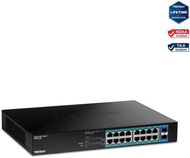 TRENDnet 18-Port Gigabit PoE+ Switch 16 x 30W PoE+ Ports 2 Gigabit SFP Slots 240W PoE Budget 36Gbps Switching Capacity 1U 19 Rack Mountable Lifetime Protection Black TPE-TG182
