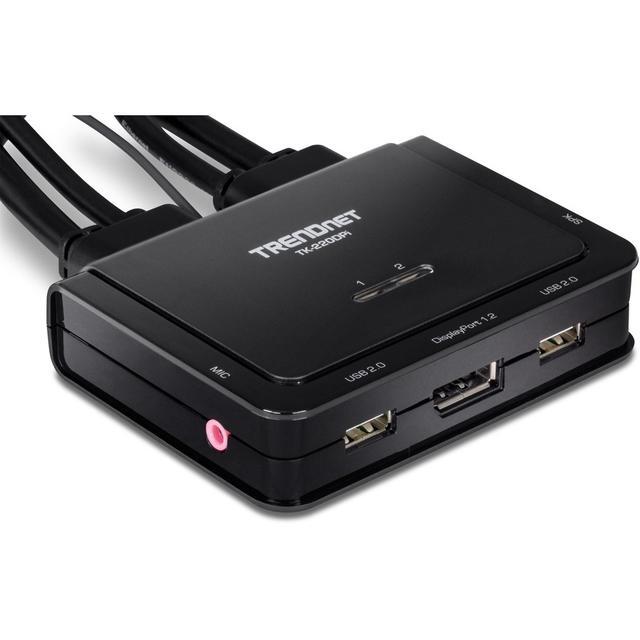 TRENDnet 2-Port 4K DisplayPort 1.2 KVM Switch With Audio 4K UHD (3840 X 2160 60Hz) 3.5mm Speaker/Microphone USB 2.0 Integrated Cables Black TK-220DPI - 2 Computer(s) - 1 Local User(s) - 3840 X 2
