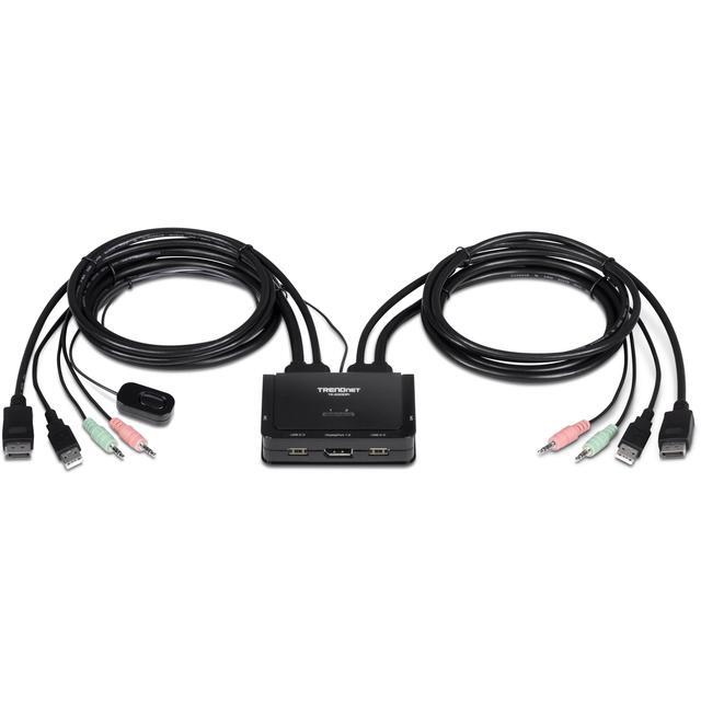 TRENDnet 2-Port 4K DisplayPort 1.2 KVM Switch With Audio 4K UHD (3840 X 2160 60Hz) 3.5mm Speaker/Microphone USB 2.0 Integrated Cables Black TK-220DPI - 2 Computer(s) - 1 Local User(s) - 3840 X 2