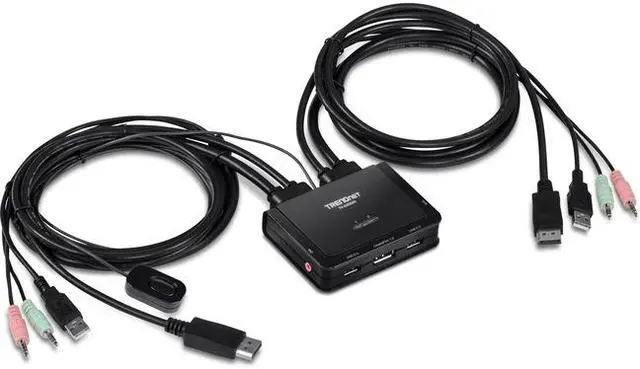 TRENDnet 2-Port 4K DisplayPort 1.2 KVM Switch with Audio 4K UHD (3840 x 2160 60Hz) 3.5mm Speaker/Microphone USB 2.0 Integrated Cables Black TK-220DPI - 2 Computer(s) - 1 Local User(s) - 3840 x 2