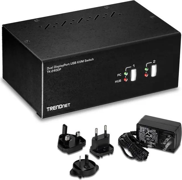 TRENDnet 2-Port Dual Monitor DisplayPort KVM Switch with Audio 2-Port USB 2.0 Hub 4K UHD Resolutions Up to 3840 x 2160 Connect Two DisplayPort Monitors Dual Monitor KVM Switch Black TK-240DP