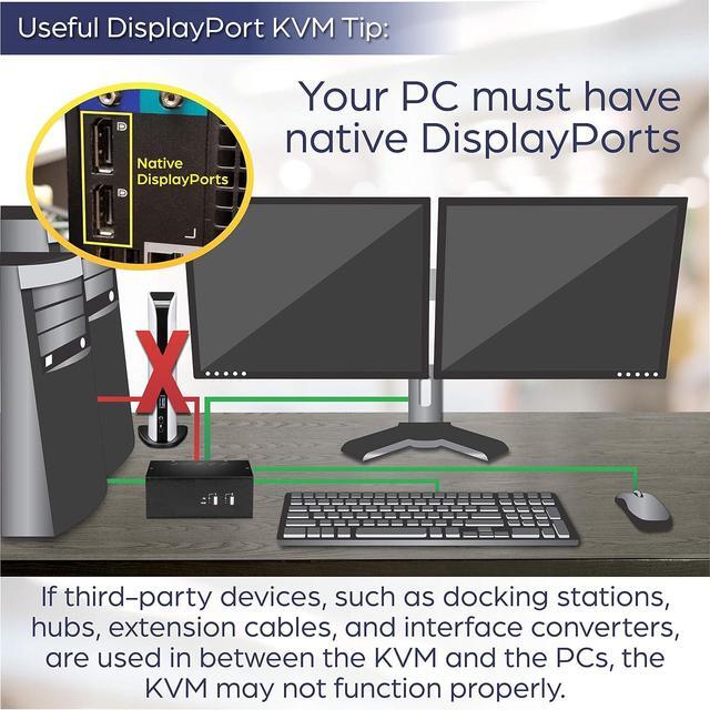 TRENDnet 2-Port Dual Monitor DisplayPort KVM Switch With Audio 2-Port USB 2.0 Hub 4K UHD Resolutions Up To 3840 X 2160 Connect Two DisplayPort Monitors Dual Monitor KVM Switch Black TK-240DP