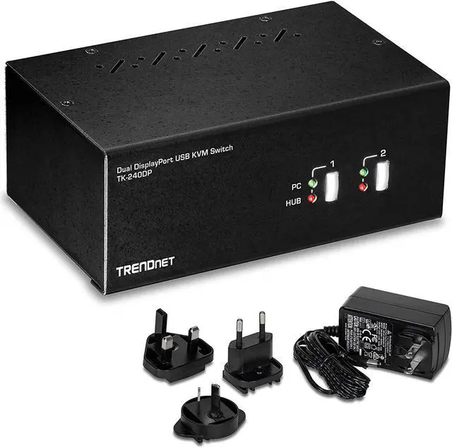 TRENDnet 2-Port Dual Monitor DisplayPort KVM Switch with Audio 2-Port USB 2.0 Hub 4K UHD Resolutions Up to 3840 x 2160 Connect Two DisplayPort Monitors Dual Monitor KVM Switch Black TK-240DP