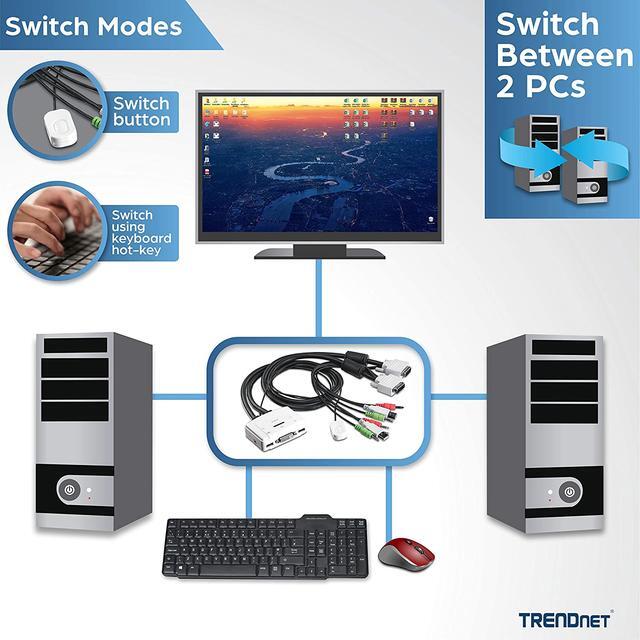 TRENDnet 2-Port DVI USB KVM Switch And Cable Kit With Audio Manage Two PC's USB 2.0 Hot-Plug Auto-Scan Hot-Keys Windows/Linux/Mac Compliant TK-214i
