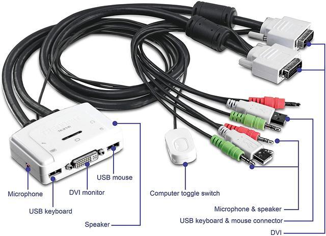 TRENDnet 2-Port DVI USB KVM Switch And Cable Kit With Audio Manage Two PC's USB 2.0 Hot-Plug Auto-Scan Hot-Keys Windows/Linux/Mac Compliant TK-214i