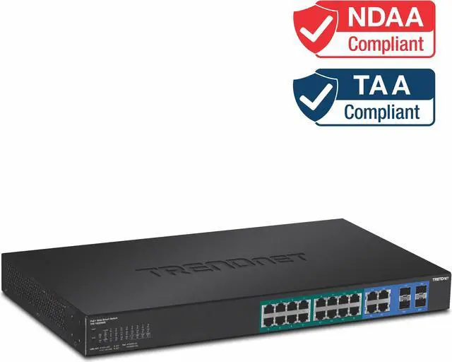 TRENDnet 20-Port Gigabit PoE+ Web Smart PoE+ Switch 16 x Gigabit PoE+ Ports 4 x Shared Gigabit Ports Up To 30W Per Port 185W Total Power Budget Rack Mountable Black TPE-1620WS