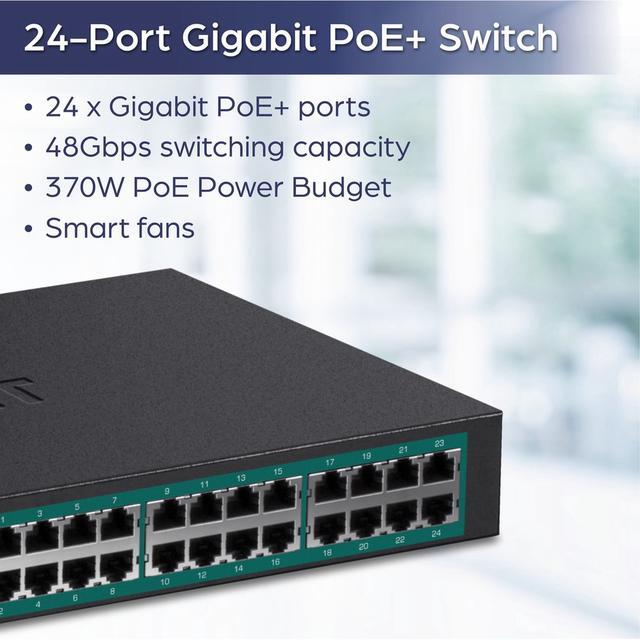 TRENDnet 24-Port Gigabit PoE+ Switch 24 X Gigabit PoE+ Ports 370W Power Budget 48Gbps Switch Capacity RackMount Kit Included Ethernet Network Switch Metal Lifetime Protection Black TPE-TG240G