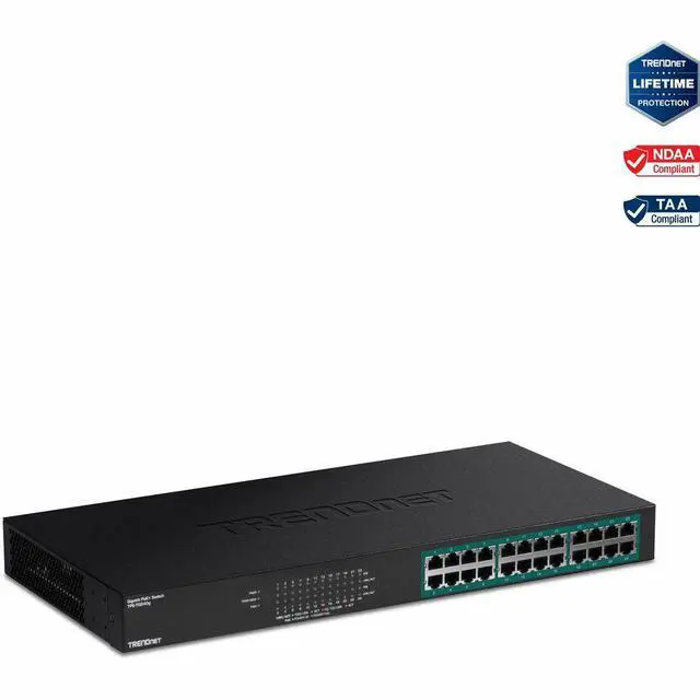 TRENDnet 24-Port Gigabit PoE+ Switch 24 x Gigabit PoE+ Ports 370W Power Budget 48Gbps Switch Capacity RackMount Kit Included Ethernet Network Switch Metal Lifetime Protection Black TPE-TG240G