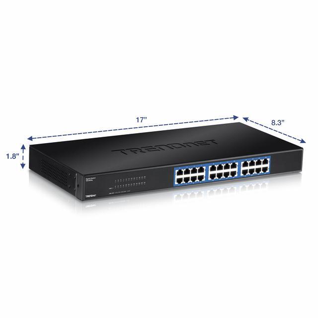 TRENDnet 24-Port Unmanaged Gigabit 10/100/1000 Mbps GREENnet Switch 24 X Gigabit RJ-45 Ports 48 Gbps Switch Fabric Fanless Metal Housing Rack Mountable Lifetime Protection Black TEG-S24G
