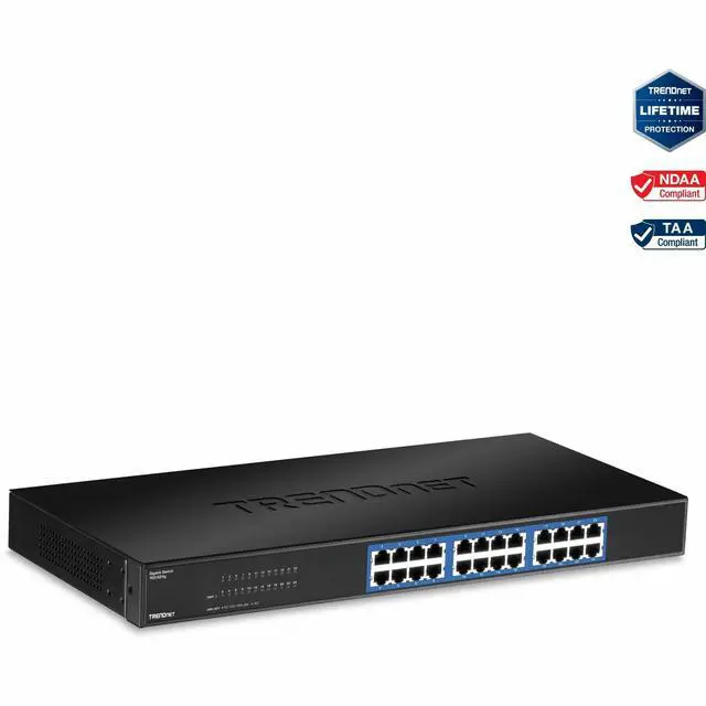 TRENDnet 24-Port Unmanaged Gigabit 10/100/1000 Mbps GREENnet Switch 24 x Gigabit RJ-45 Ports 48 Gbps Switch Fabric Fanless Metal Housing Rack Mountable Lifetime Protection Black TEG-S24G