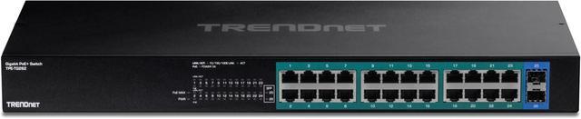 TRENDnet 26-Port Gigabit PoE+ Switch 24 X 30W PoE+ Ports 2 Gigabit SFP Slots 380W PoE Budget 52Gbps Switching Capacity 1U 19" Rack Mountable Lifetime Protection Black TPE-TG262