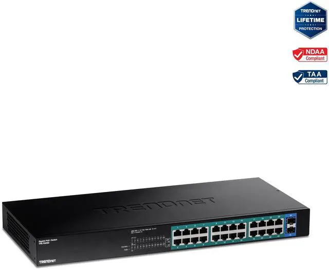 TRENDnet 26-Port Gigabit PoE+ Switch 24 x 30W PoE+ Ports 2 Gigabit SFP Slots 380W PoE Budget 52Gbps Switching Capacity 1U 19" Rack Mountable Lifetime Protection Black TPE-TG262