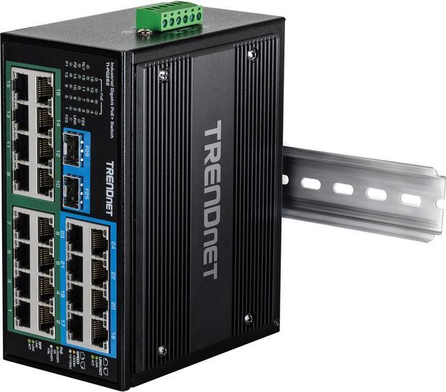 TRENDnet 26-Port Hardened Industrial Unmanaged Gigabit DIN-Rail Switch TI-PG262 16 X Gigabit PoE+ Ports 8 X Gigabit RJ-45 Ports 2 X SFP Ports IP30 Lifetime Protection Black