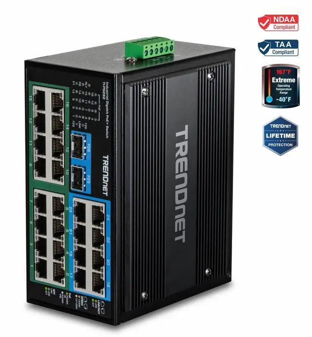 TRENDnet 26-Port Hardened Industrial Unmanaged Gigabit DIN-Rail Switch TI-PG262 16 x Gigabit PoE+ Ports 8 x Gigabit RJ-45 Ports 2 x SFP Ports IP30 Lifetime Protection Black