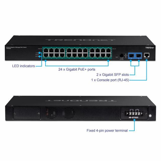 TRENDnet 26-Port Industrial Gigabit L2 Managed PoE+ Switch TI-RP262i 1U 19" Rackmount 24 X Gigabit PoE+ Ports 2 X SFP Slots (100/1000Base-FX) IP30 VLAN QoS 685W PoE Power Budget Fanless