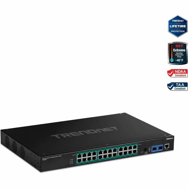 TRENDnet 26-Port Industrial Gigabit L2 Managed PoE+ Switch TI-RP262i 1U 19" Rackmount 24 x Gigabit PoE+ Ports 2 x SFP Slots (100/1000Base-FX) IP30 VLAN QoS 685W PoE Power Budget Fanless