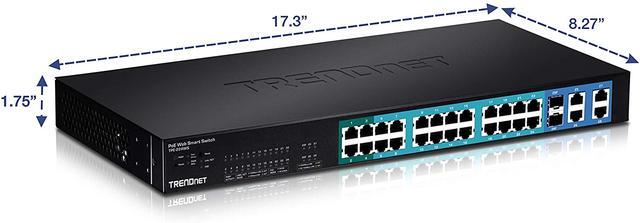 TRENDnet 28-Port 10/100Mbps Web Smart PoE+ Switch 20 X PoE Ports 4 X PoE+ Ports 2 X Gigabit Ports 2 X Shared Gigabit Ports (RJ-45 Or SFP) Rack Mountable Lifetime Protection Black TPE-224WS