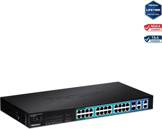 TRENDnet 28-Port 10/100Mbps Web Smart PoE+ Switch 20 x PoE Ports 4 x PoE+ Ports 2 x Gigabit Ports 2 x Shared Gigabit Ports (RJ-45 or SFP) Rack Mountable Lifetime Protection Black TPE-224WS