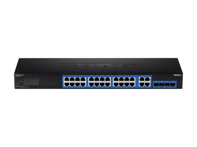TRENDnet 28-Port Gigabit Web Smart Switch; 24 X Gigabit Ports; 4 X Shared Gigabit Ports (RJ-45/SFP); VLAN; QoS; LACP; IPv6; 56Gbps Switching Capacity; Lifetime Protection; TEG-284WS