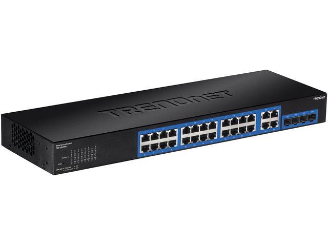 TRENDnet 28-Port Gigabit Web Smart Switch; 24 X Gigabit Ports; 4 X Shared Gigabit Ports (RJ-45/SFP); VLAN; QoS; LACP; IPv6; 56Gbps Switching Capacity; Lifetime Protection; TEG-284WS