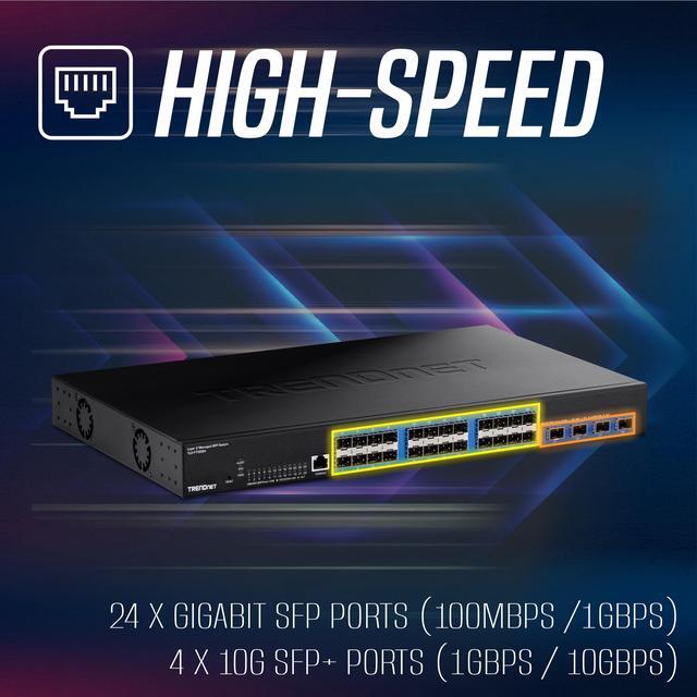 TRENDnet 28-Port Layer 2 Managed SFP Switch With 10G SFP+ Ports TL2-F70284