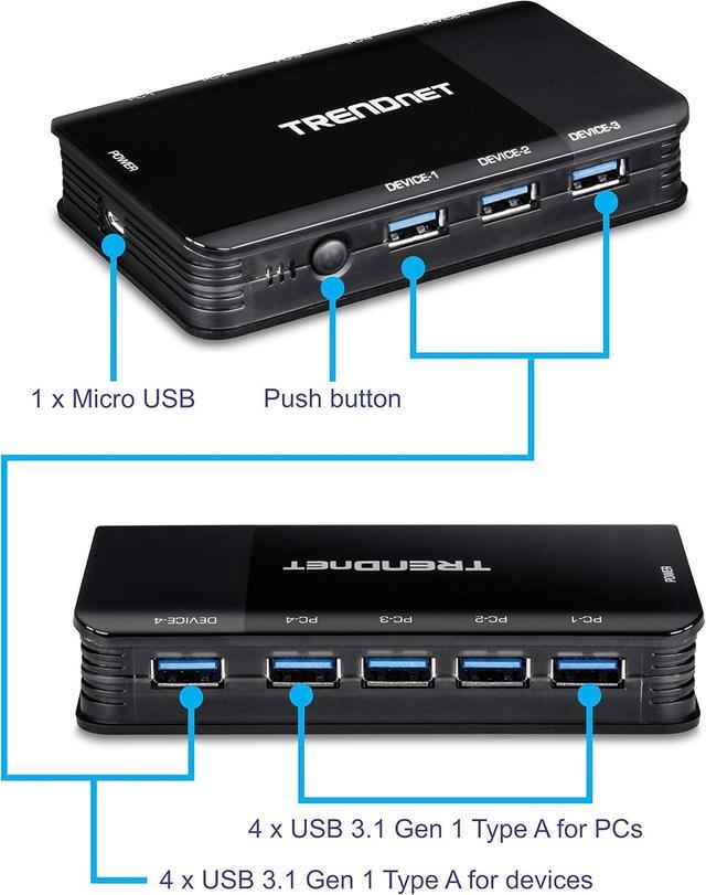 TRENDnet 4 Computer 4-Port USB 3.1 Sharing Switch TK-U404 4 X USB 3.1 For Computers 4 X USB 3.1 For Devices Flash Drive Sharing Scanners Printers Mouse Keyboard Windows & Mac Compatible