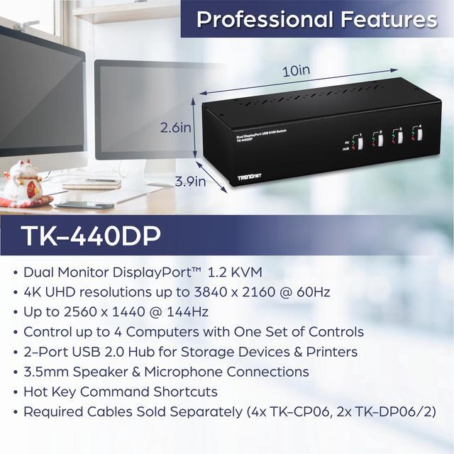 TRENDnet 4-Port Dual Monitor DisplayPort KVM Switch With Audio 2-Port USB 2.0 Hub 4K UHD Resolution Up To 3840 X 2160 Connect 4 DisplayPort Monitors Dual Monitor 4 Port KVM Switch Black TK-440DP