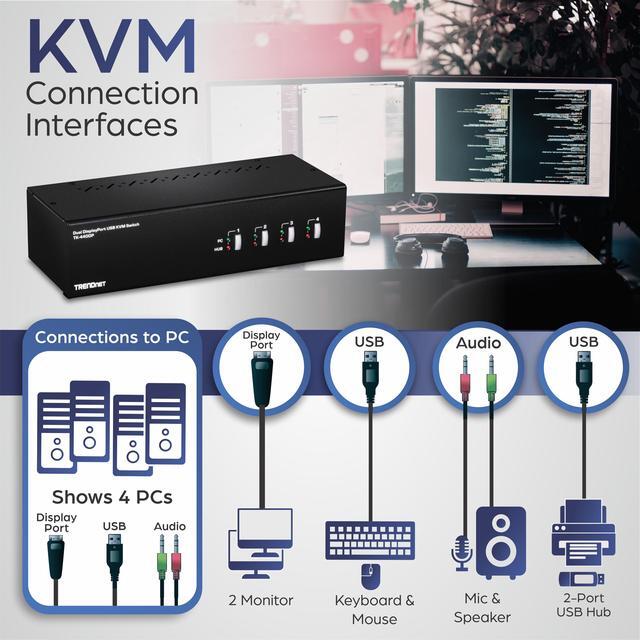 TRENDnet 4-Port Dual Monitor DisplayPort KVM Switch With Audio 2-Port USB 2.0 Hub 4K UHD Resolution Up To 3840 X 2160 Connect 4 DisplayPort Monitors Dual Monitor 4 Port KVM Switch Black TK-440DP