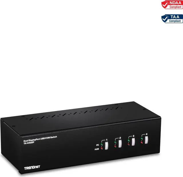 TRENDnet 4-Port Dual Monitor DisplayPort KVM Switch With Audio 2-Port USB 2.0 Hub 4K UHD Resolution Up To 3840 x 2160 Connect 4 DisplayPort Monitors Dual Monitor 4 Port KVM Switch Black TK-440DP