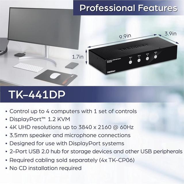 TRENDnet 4-Port Monitor DisplayPort KVM Switch With Audio 2-Port USB 2.0 Hub Supports 4K UHD 3840 X 2160 60Hz DisplayPort 1.2 Black TK-441DP