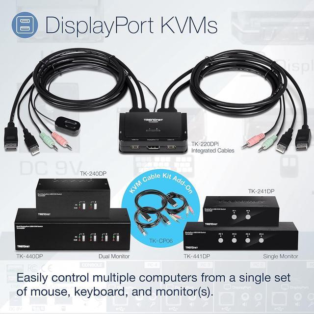 TRENDnet 4-Port Monitor DisplayPort KVM Switch With Audio 2-Port USB 2.0 Hub Supports 4K UHD 3840 X 2160 60Hz DisplayPort 1.2 Black TK-441DP