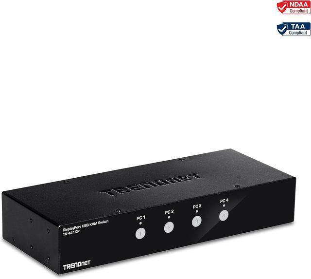 TRENDnet 4-Port Monitor DisplayPort KVM Switch With Audio 2-Port USB 2.0 Hub Supports 4K UHD 3840 X 2160 60Hz DisplayPort 1.2 Black TK-441DP