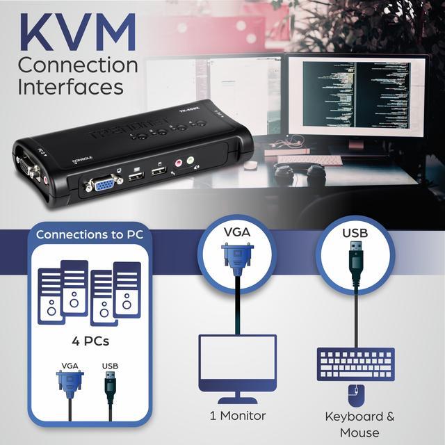 TRENDnet 4-Port USB KVM Switch Kit VGA And USB Connections 2048 X 1536 Resolution Cabling Included Control Up To 4 Computers Compliant With Window Linux And Mac OS White TK-407K