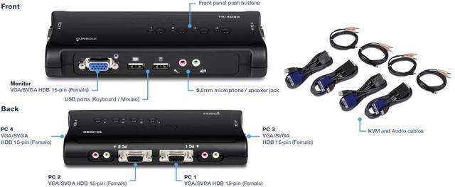 TRENDnet 4-Port USB KVM Switch With Audio Control Up To 4 Computers Windows Linux Mac OS Compliant 2048 X 1526 VGA Resolution Plug And Play USB Powered KVM Cables Included Black TK-409K