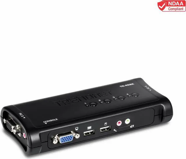 TRENDnet 4-Port USB KVM Switch With Audio Control Up To 4 Computers Windows Linux Mac OS Compliant 2048 x 1526 VGA Resolution Plug and Play USB Powered KVM Cables Included Black TK-409K
