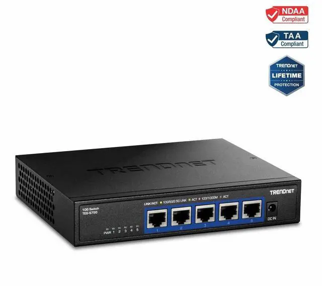 TRENDnet 5-Port 10G Switch TEG-S750 5 x 10G RJ-45 Ports 100Gbps Switching Capacity Supports 2.5G and 5G-Base-T Connections Ethernet Splitter NDAA & TAA Compliant Lifetime Protection Black