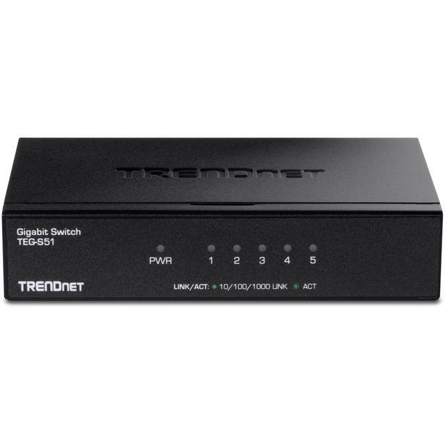 TRENDnet 5-Port Gigabit Desktop Switch TEG-S51 5 X Gigabit RJ-45 Ports 10Gbps Switching Capacity Fanless Design Metal Enclosure Lifetime Protection Black