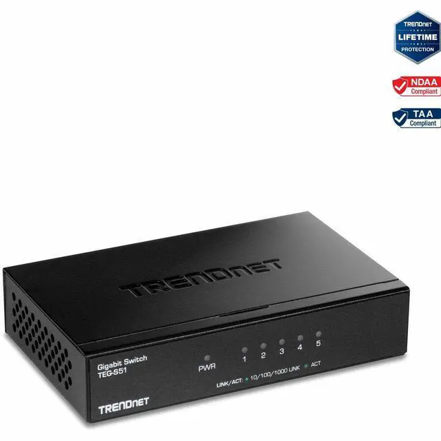TRENDnet 5-Port Gigabit Desktop Switch TEG-S51 5 x Gigabit RJ-45 Ports 10Gbps Switching Capacity Fanless Design Metal Enclosure Lifetime Protection Black
