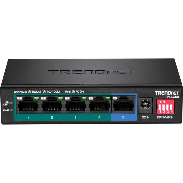 TRENDnet 5-Port Gigabit Long Range PoE+ Switch 4 X Gigabit PoE+ Ports 1 X Gigabit Port 32W PoE Budget 10Gbps Switching Capacity Extends PoE+ 200m (656 Ft) Lifetime Protection Black TPE-LG50