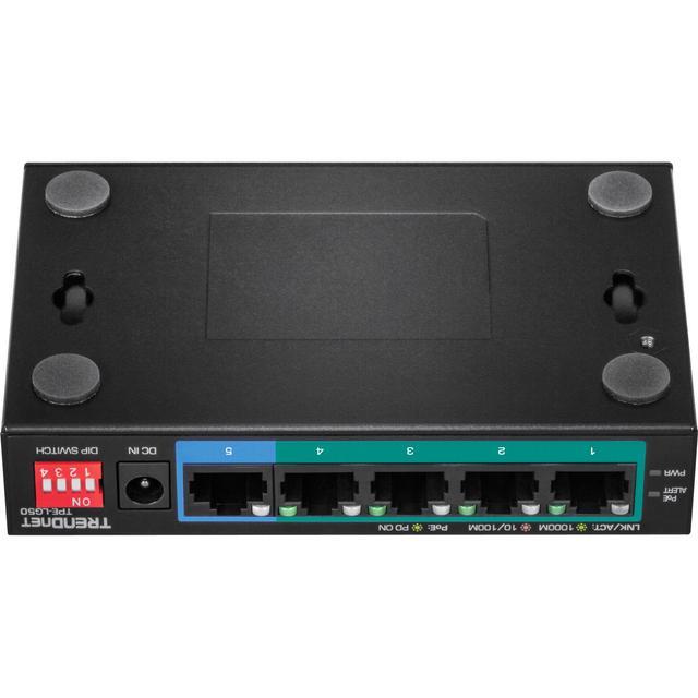 TRENDnet 5-Port Gigabit Long Range PoE+ Switch 4 X Gigabit PoE+ Ports 1 X Gigabit Port 32W PoE Budget 10Gbps Switching Capacity Extends PoE+ 200m (656 Ft) Lifetime Protection Black TPE-LG50
