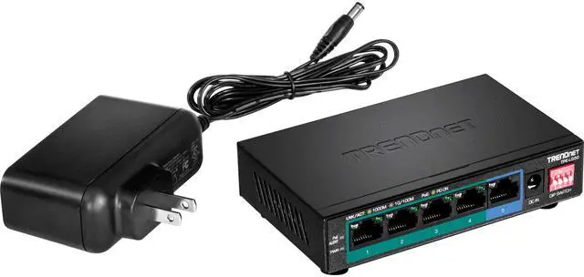TRENDnet 5-Port Gigabit Long Range PoE+ Switch 4 x Gigabit PoE+ Ports 1 x Gigabit Port 32W PoE Budget 10Gbps Switching Capacity Extends PoE+ 200m (656 ft) Lifetime Protection Black TPE-LG50