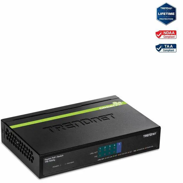 TRENDnet 5-Port Gigabit PoE+ Switch 31 W PoE Budget 10 Gbps Switching Capacity Data & Power Through Ethernet To PoE Access Points And IP Cameras Full & Half Duplex Black TPE-TG50G